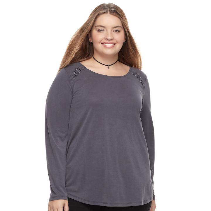 Junior's Plus Size Pink Republic Lace-up Raglan Top, Teens, Size: 1xl, Grey (charcoal)
