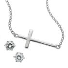 Silver Tone Simulated Crystal Sideways Cross Necklace And Stud Earring Set, Women's, Multicolor