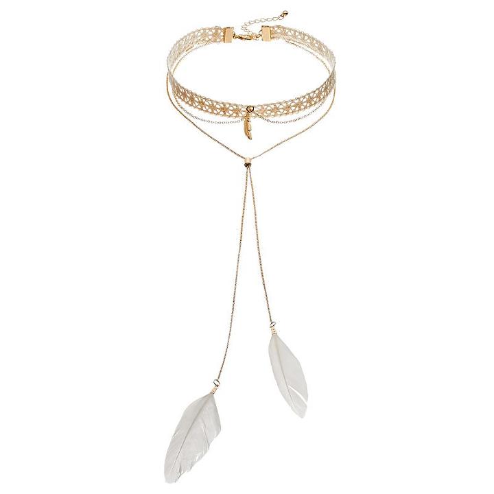 Feather Bolo Layered Choker Necklace, Women's, White