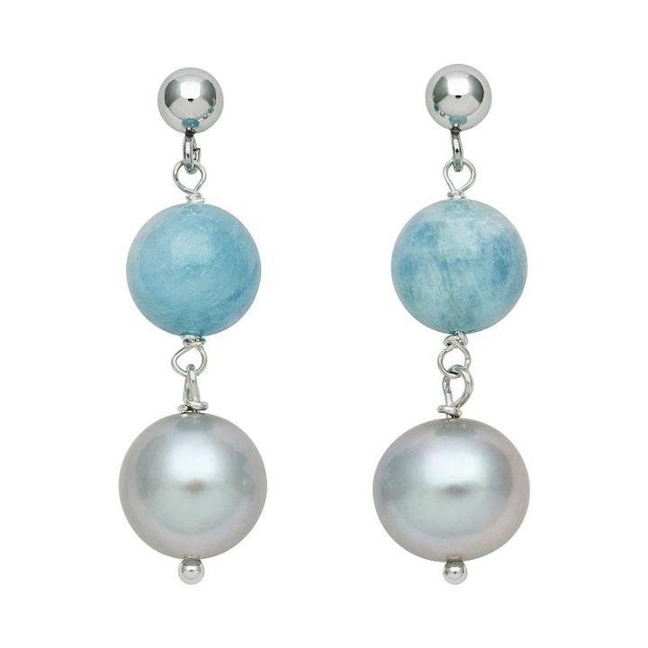 Sterling Silver Dyed Freshwater Cultured Pearl And Aquamarine Bead Linear Drop Earrings, Women's, Blue