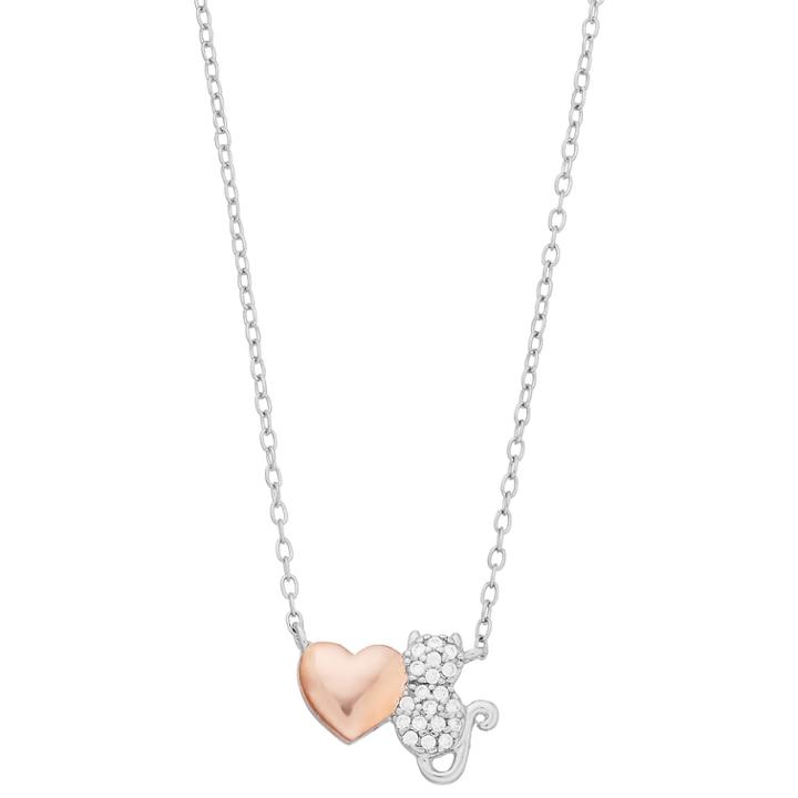 Close At Heart Two Tone Sterling Silver Cubic Zirconia Heart & Cat Necklace, Women's