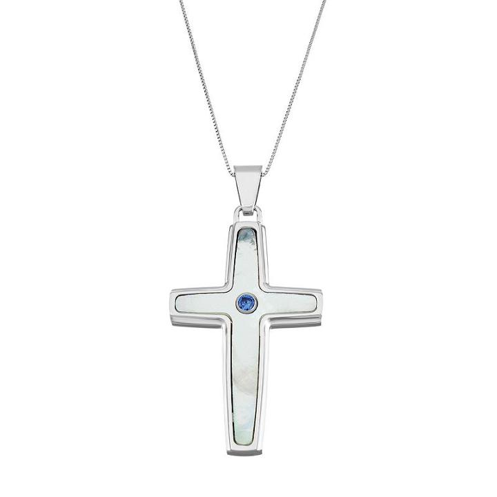 Men's Stainless Steel Mother-of-pearl & Lab-created Sapphire Cross Pendant, Size: 24, White