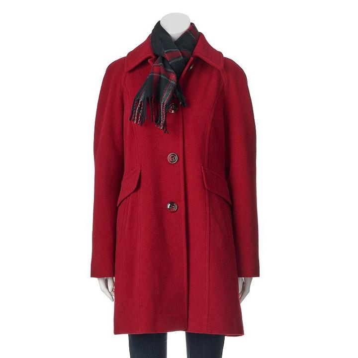 Women's Towne By London Fog Long Wool-blend Coat With Scarf, Size: Xl, Med Red