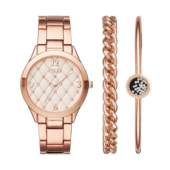 Folio Women's Crystal Watch & Bracelet Set, Pink