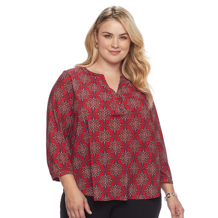 Plus Size Dana Buchman Printed Henley, Women's, Size: 3xl, Med Red