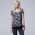 Petite Simply Vera Vera Wang Printed Chiffon-trim Tee, Women's, Size: L Petite, Blue (navy)