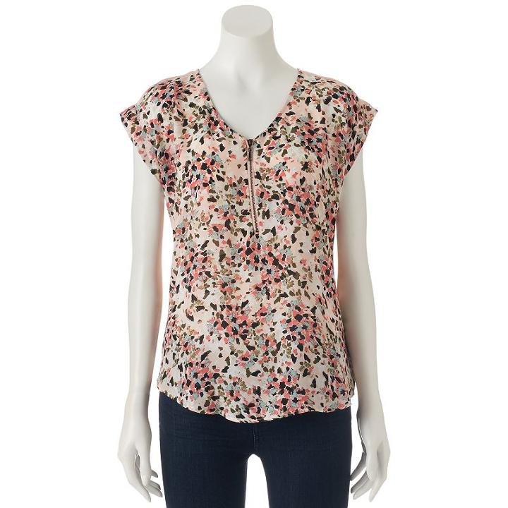 Juniors' My Michelle Woven Zipper V-neck Tee, Teens, Size: Xs, Light Pink