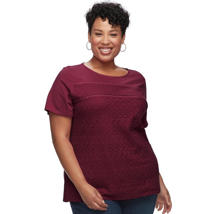 Plus Size Croft & Barrow&reg; Mixed Lace Short Sleeve Tee, Women's, Size: 2xl, Dark Red