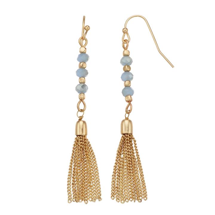 Lc Lauren Conrad Gold Tone Nickel Free Bead And Tassel Drop Earrings, Women's, Blue