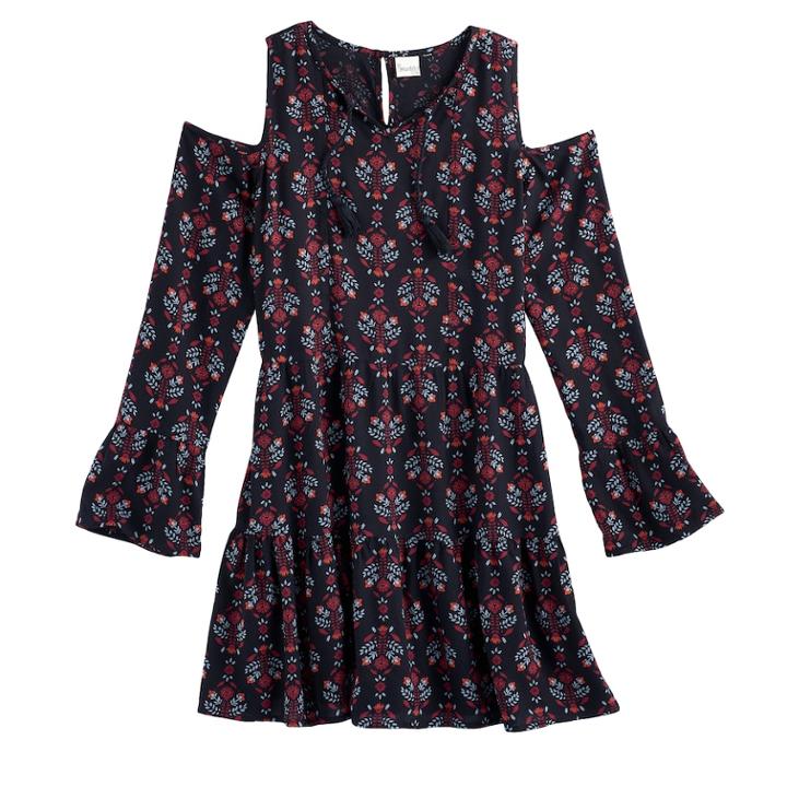 Girls Plus Size Mudd&reg; Cold-shoulder Bell Sleeve Patterned Dress, Size: 20 1/2, Black