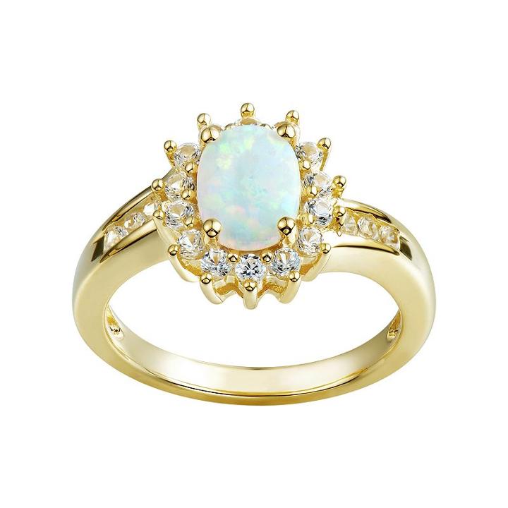 Lab-created Opal & Lab-created White Sapphire 14k Gold Over Silver Flower Ring, Women's, Size: 7