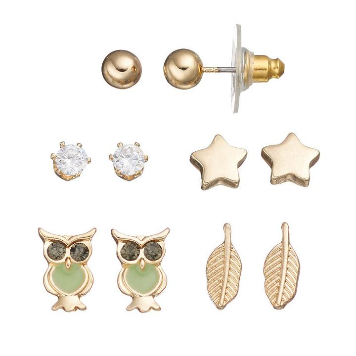 Apt. 9&reg; Star, Owl & Leaf Nickel Free Stud Earring Set, Women's, Gold