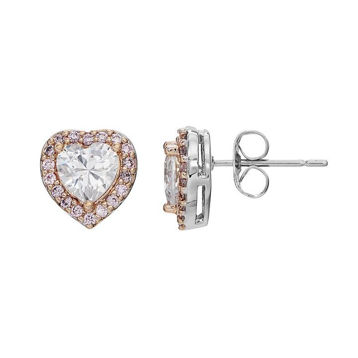 Lily & Lace Pink & White Cubic Zirconia Two Tone Heart Halo Stud Earrings, Women's