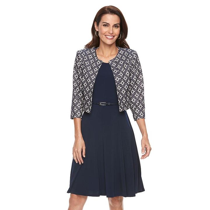 Women's Jessica Howard Geometric Jacket & A-line Dress Set, Size: 16, Blue (navy)