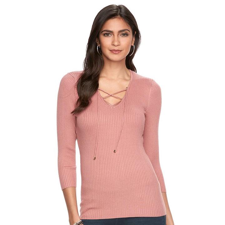 Women's Jennifer Lopez Ribbed Crisscross Tee, Size: Medium, Dark Pink