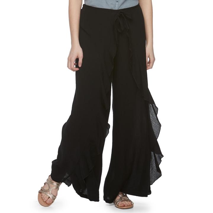Juniors' Vanilla Star Ruffled Soft Wide-leg Pants, Teens, Size: Large, Black