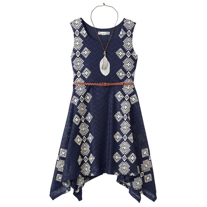 Girls 7-16 Knitworks Belted Handkerchief Hem Crochet Skater Dress With Necklace, Girl's, Size: 7, Blue (navy)