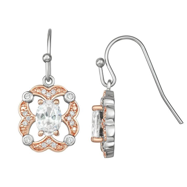 Cubic Zirconia Open-work Two Tone Drop Earrings, Women's, White