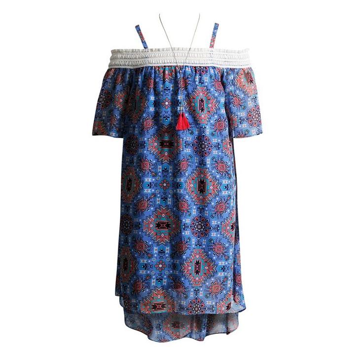 Girls 7-16 Mackenzie X Emily West Blue Cold Shoulder High-low Tribal Print Chiffon Dress With Necklace, Girl's, Size: 14, Ovrfl Oth