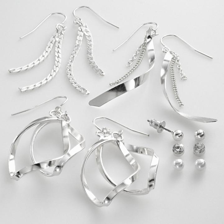 Mudd Silver Tone Simulated Crystal And Simulated Pearl Ball Stud And Swirl Drop Earring Set, Women's, Grey
