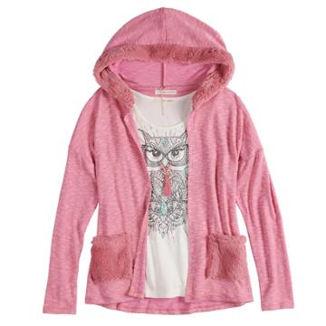Girls 7-16 & Plus Size Self Esteem Hooded Cardigan & Tank Top Set With Necklace, Size: Xl, Brt Pink