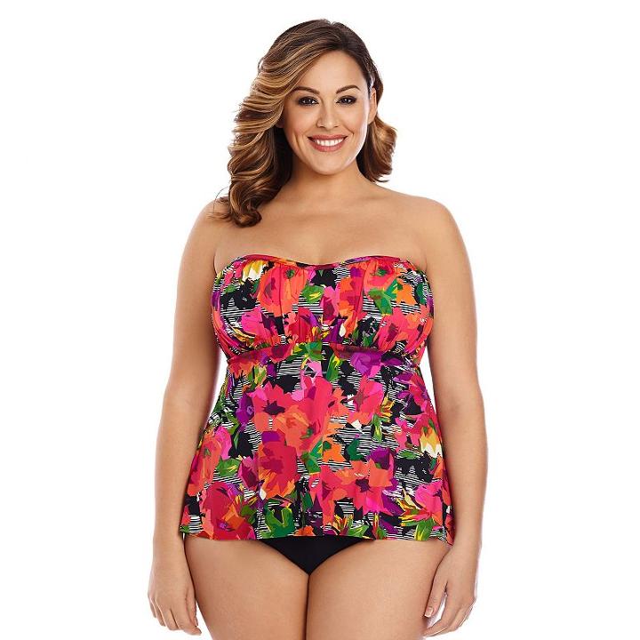 Plus Size Upstream Shirred Bandeau Tankini Top, Women's, Size: 26 W, Black