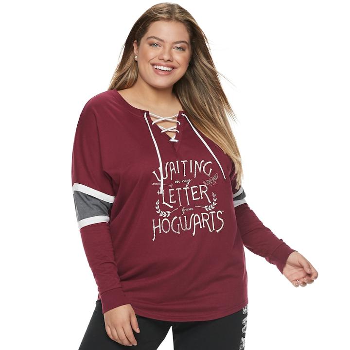 Juniors' Plus Size Harry Potter Waiting On My Letter Lace-up Graphic Sweatshirt, Teens, Size: 3xl, Red