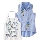 Girls 7-16 Knitworks Embroidered Sleeveless Shirt & Graphic Tank Top Set With Heart Necklace, Girl's, Size: Large, Blue