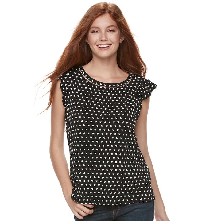 Juniors' Candie's&reg; Simulated Pearl-trim Flutter Tee, Teens, Size: Medium, Black