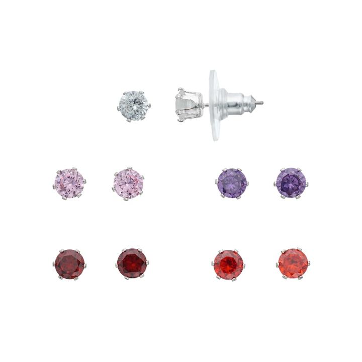 Cubic Zirconia Nickel Free Solitaire Stud Earring Set, Women's, Dark Pink