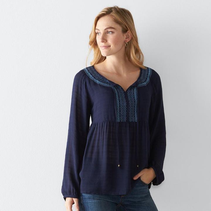 Petite Sonoma Goods For Life&trade; Embroidered Peasant Top, Women's, Size: L Petite, Dark Blue