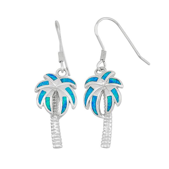 Lab-created Blue Opal Sterling Silver Palm Tree Drop Earrings, Women's