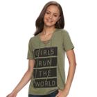 Juniors' Girls Run The World Lace-up Graphic Tee, Size: Small, Green Oth