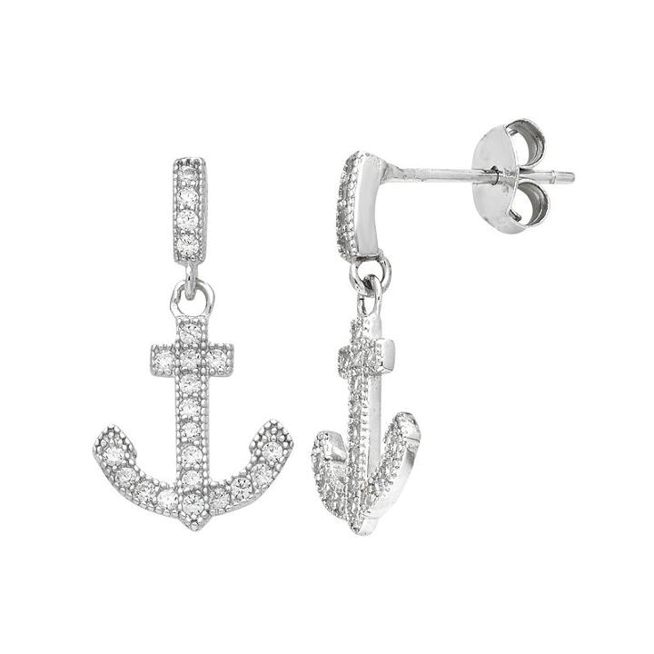 Sterling Silver Cubic Zirconia Anchor Drop Earrings, Women's, White