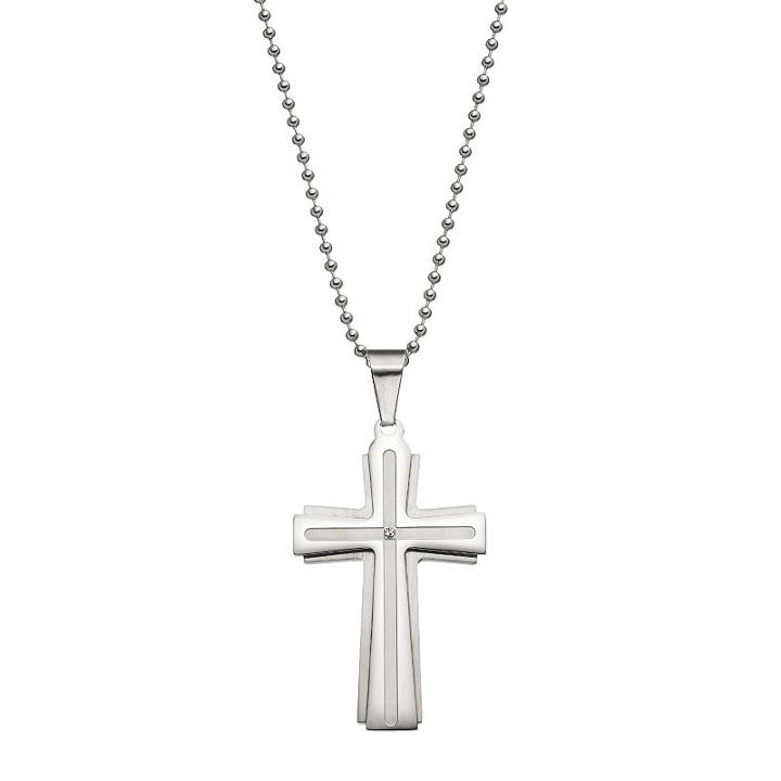 1913 Men's Stainless Steel Cubic Zirconia Cross Pendant, Size: 24, White