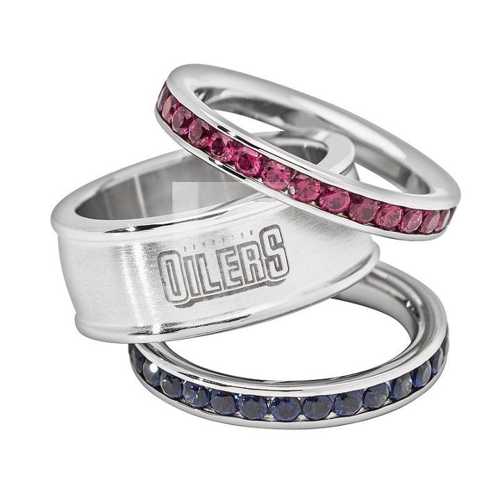 Logoart Edmonton Oilers Stainless Steel Crystal Stack Ring Set, Women's, Size: 9, Multicolor
