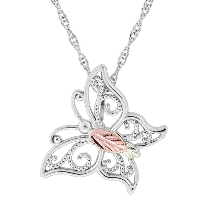Black Hills Gold Tri-tone Openwork Butterfly Pendant Necklace In Sterling Silver, Women's, Size: 18, Grey