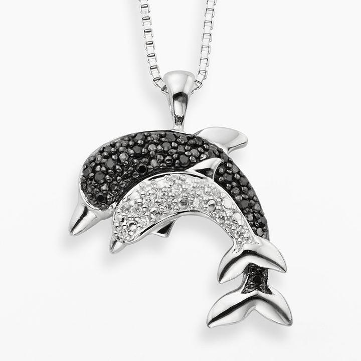 Sterling Silver 1/10-ct. T.w. Black And White Diamond Dolphin Pendant, Women's, Size: 18