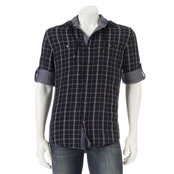 Men's Rock & Republic Plaid Roll-tab Button-down Hoodie, Size: Large, Black