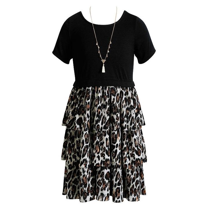 Girls 7-16 Emily West Cheetah Print Tiered Skirt Dress With Necklace, Girl's, Size: 16, Black