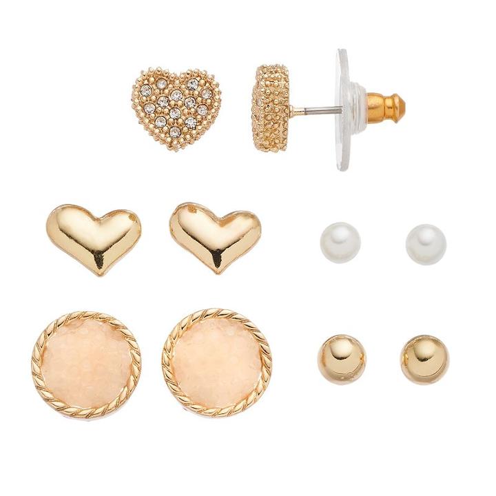 Lc Lauren Conrad Heart & Ball Stud Earring Set, Women's, Multicolor