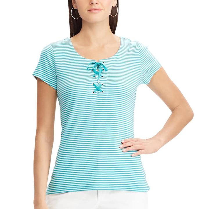 Women's Chaps Print Lace-up Tee, Size: Xl, Blue