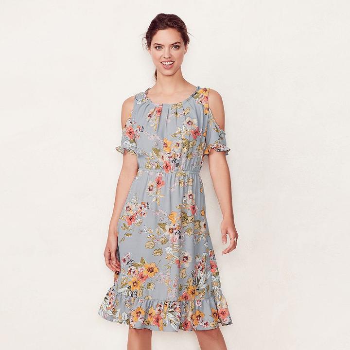 Women's Lc Lauren Conrad Cold-shoulder Ruffle Midi Dress, Size: Large, Grey Other