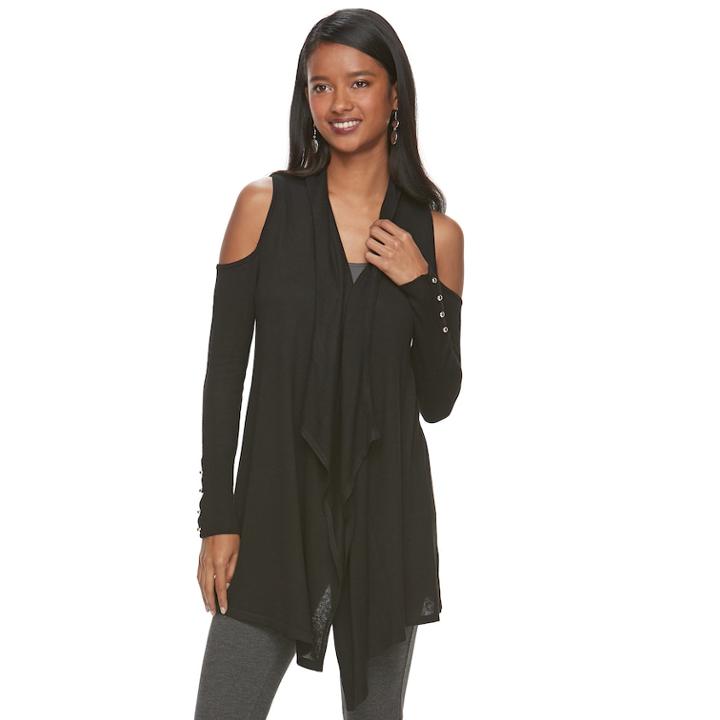 Women's Jennifer Lopez Cold-shoulder Flyaway Cardigan, Size: Large, Black