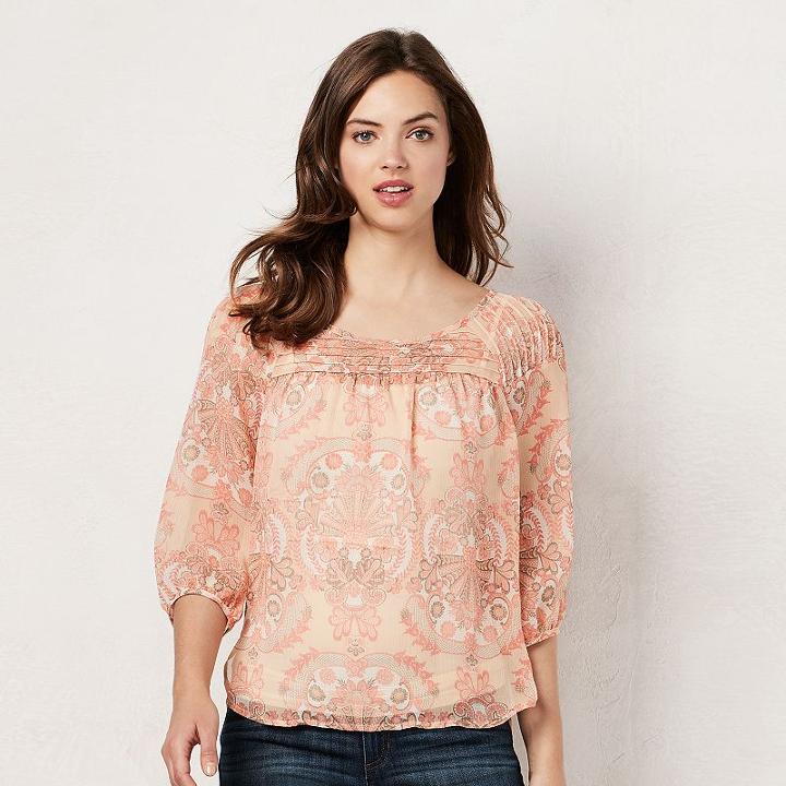 Women's Lc Lauren Conrad Printed Chiffon Peasant Top, Size: Medium, Pink