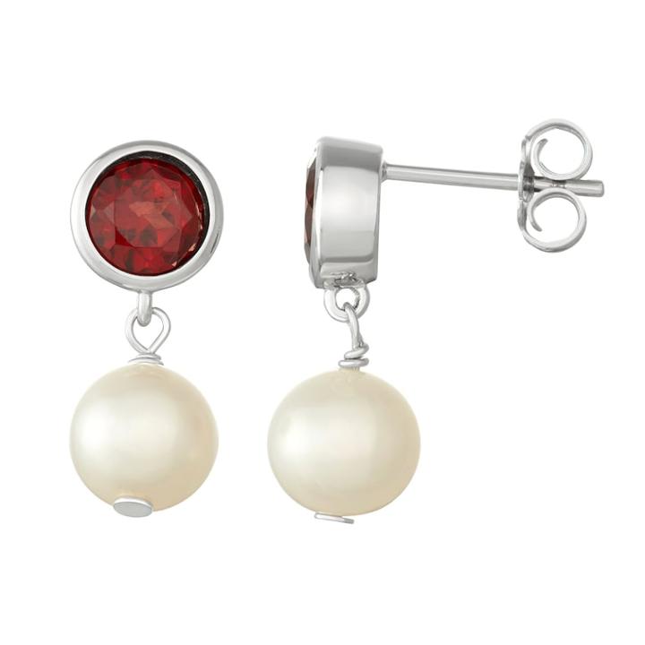 Sterling Silver Garnet & Freshwater Cultured Pearl Drop Earrings, Women's, Red