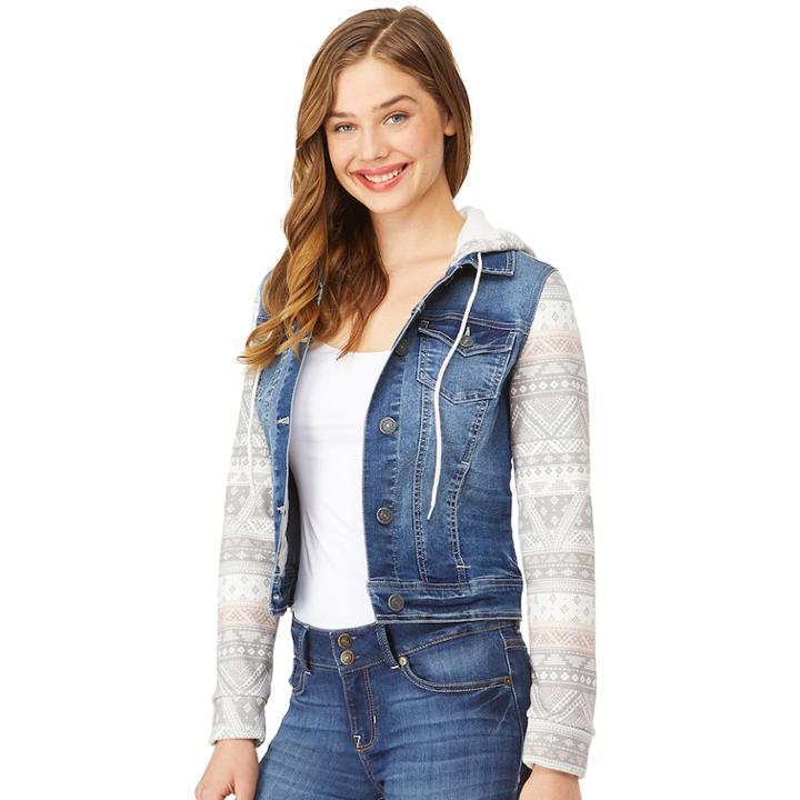 Juniors' Wallflower Knit Sleeve Hooded Denim Jacket, Teens, Size: Large, Med Blue