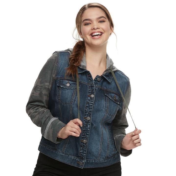 Juniors' Plus Size Mudd&reg; Hooded Knit Sleeve Jean Jacket, Teens, Size: 1xl, Dark Blue