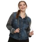 Juniors' Plus Size Mudd&reg; Hooded Knit Sleeve Jean Jacket, Teens, Size: 1xl, Dark Blue