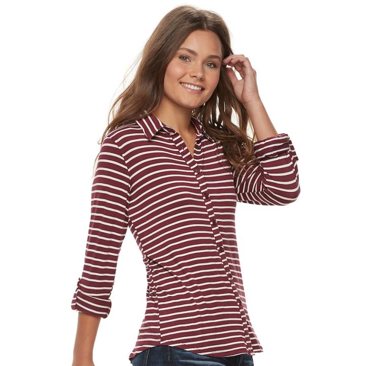 Juniors' Love, Fire Knit Button Front Shirt, Teens, Size: Medium, Merlot Stripe